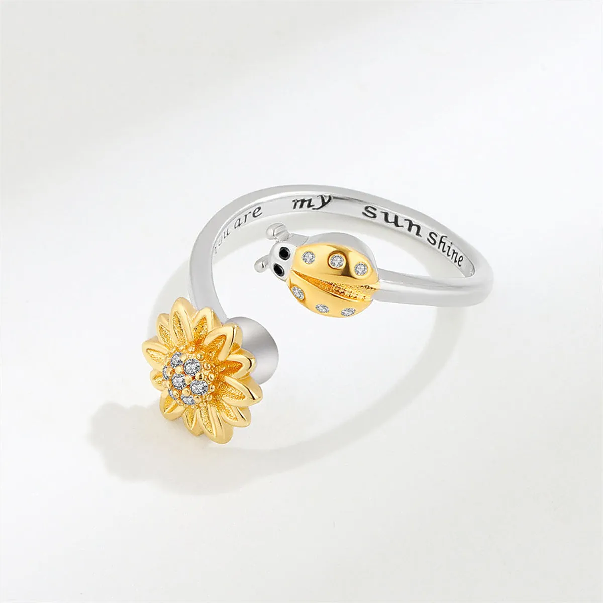 Cubic Zirconia & Two-Tone Rotating Ladybug Bypass Ring