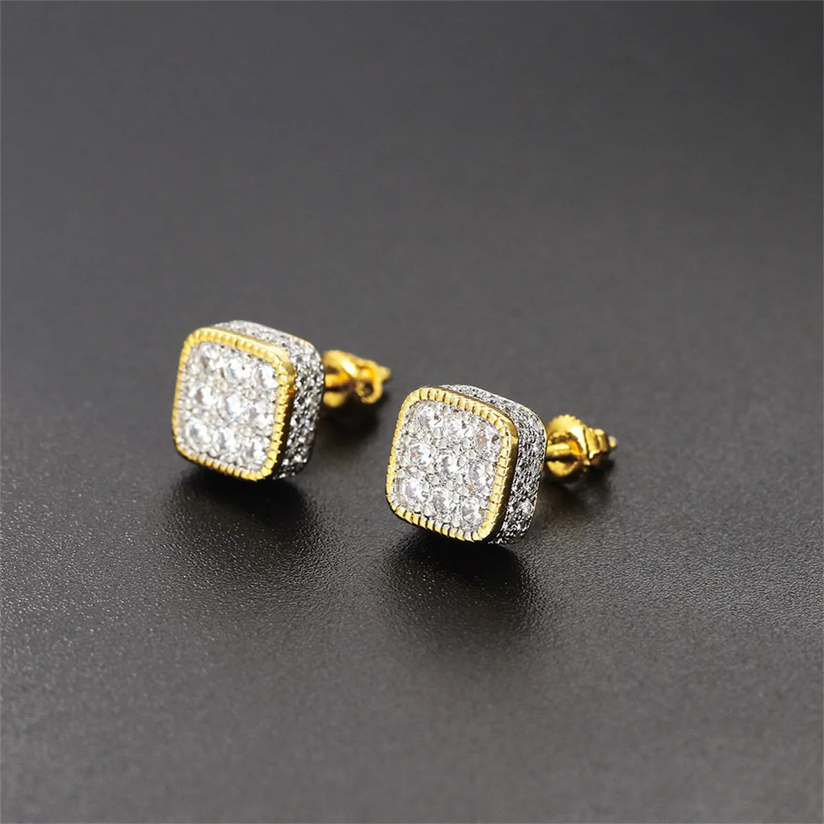 Cubic Zirconia & Two Tone Rounded Square Stud Earrings