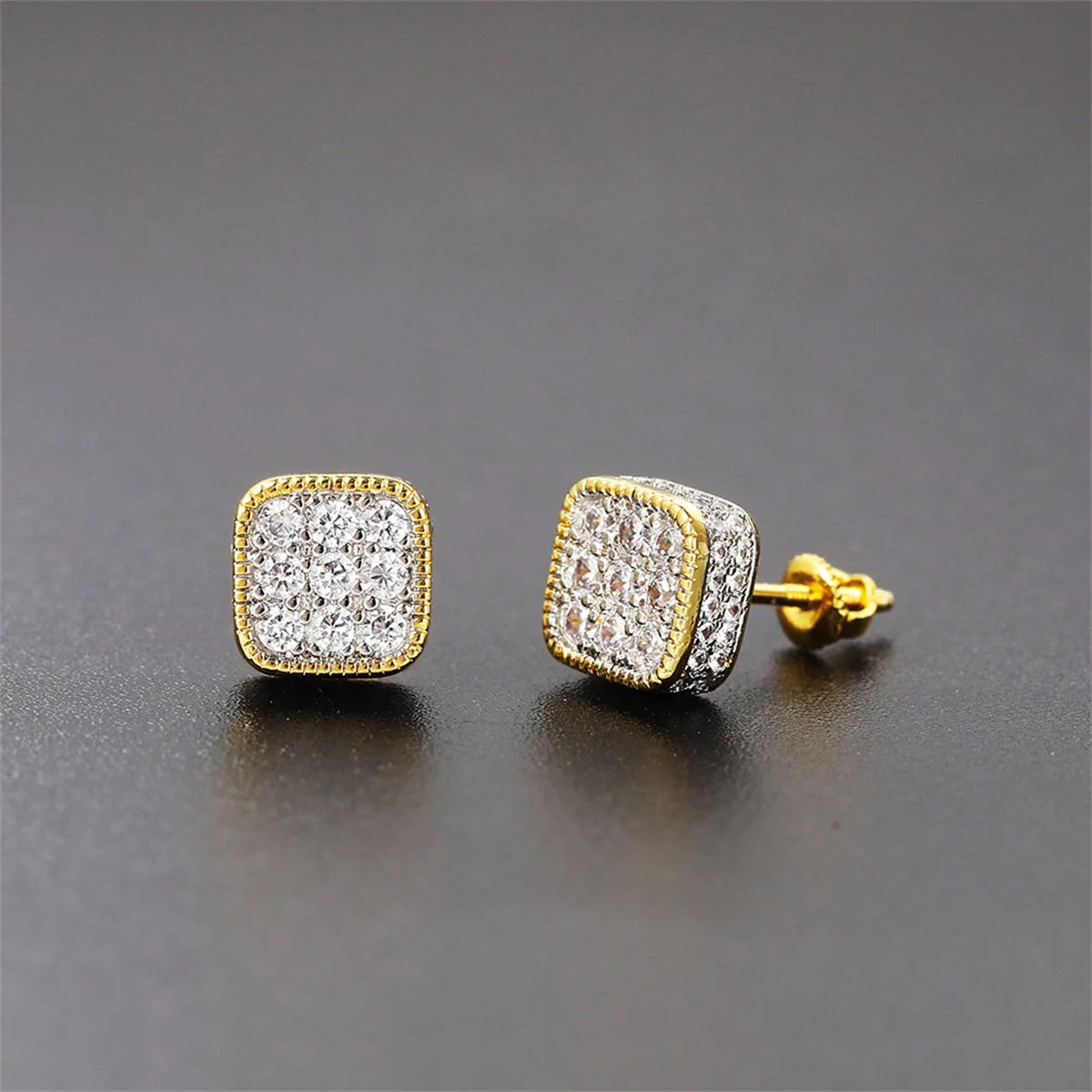 Cubic Zirconia & Two Tone Rounded Square Stud Earrings