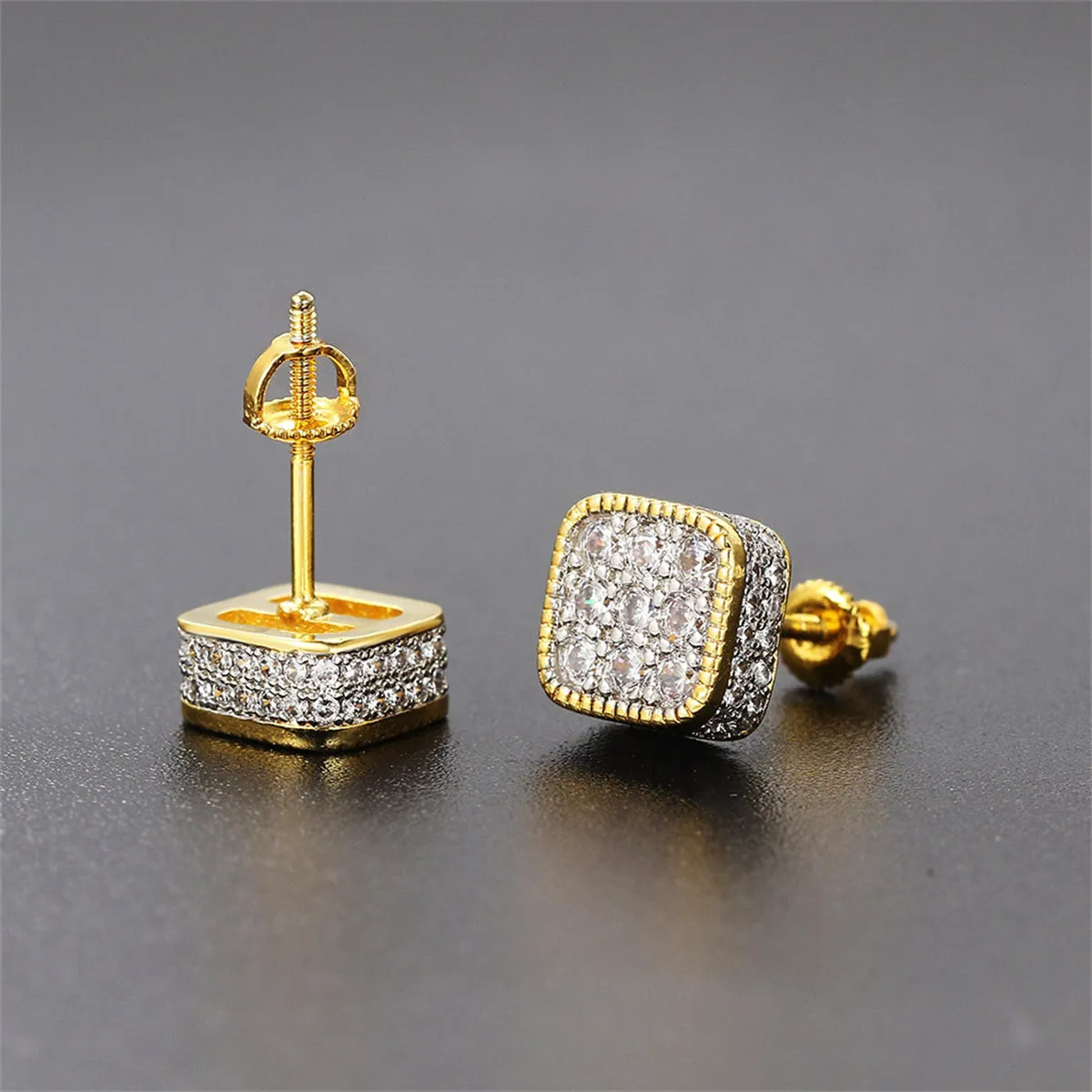 Cubic Zirconia & Two Tone Rounded Square Stud Earrings