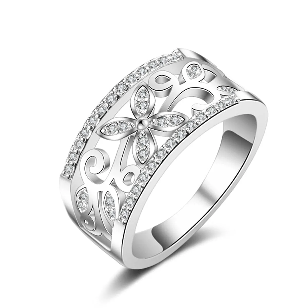 Cubic Zirconia Clover Wide-Band Ring
