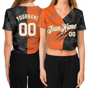 Custom Women's Graffiti Pattern White-Old Gold Scratch 3D V-Neck Cropped Baseball Jersey