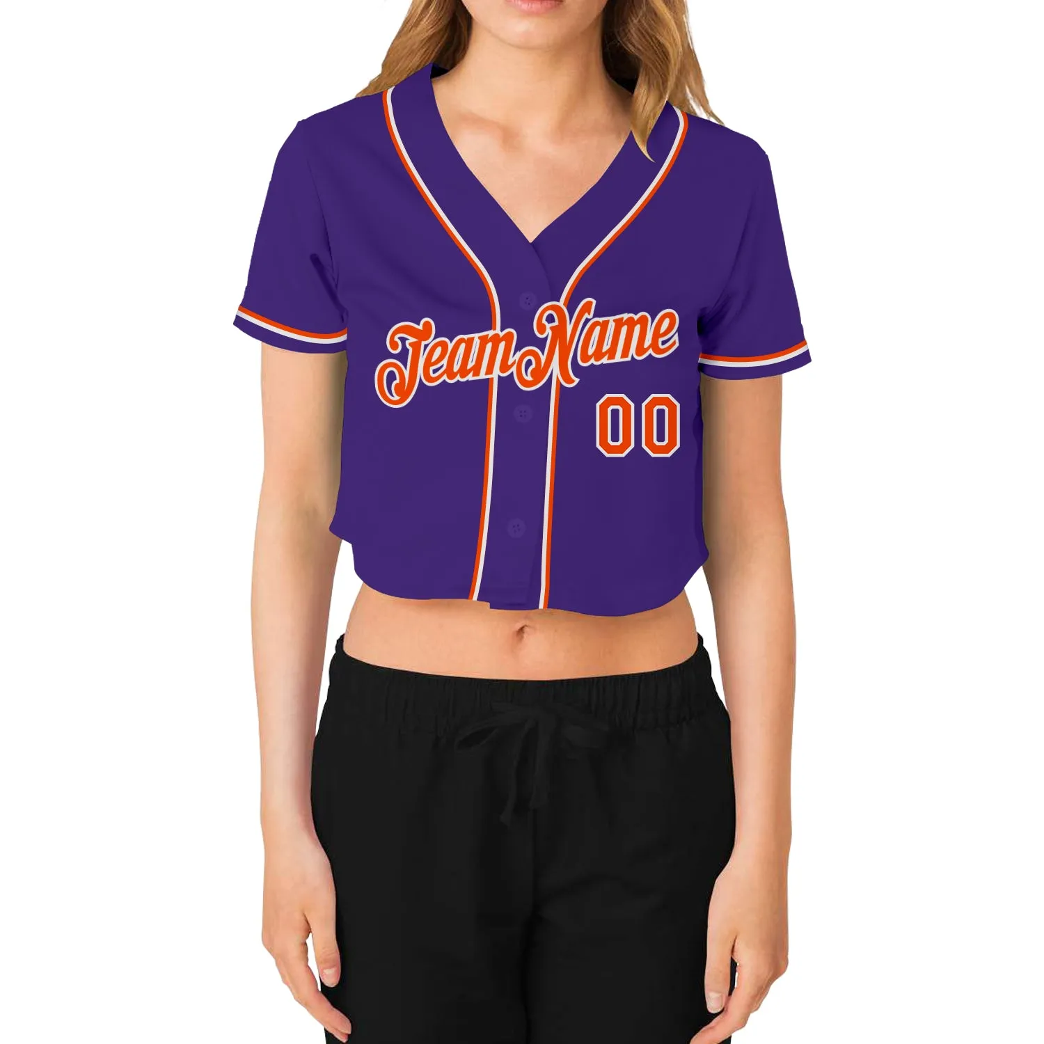 Custom Women's Purple Orange-White V-Neck Cropped Baseball Jersey