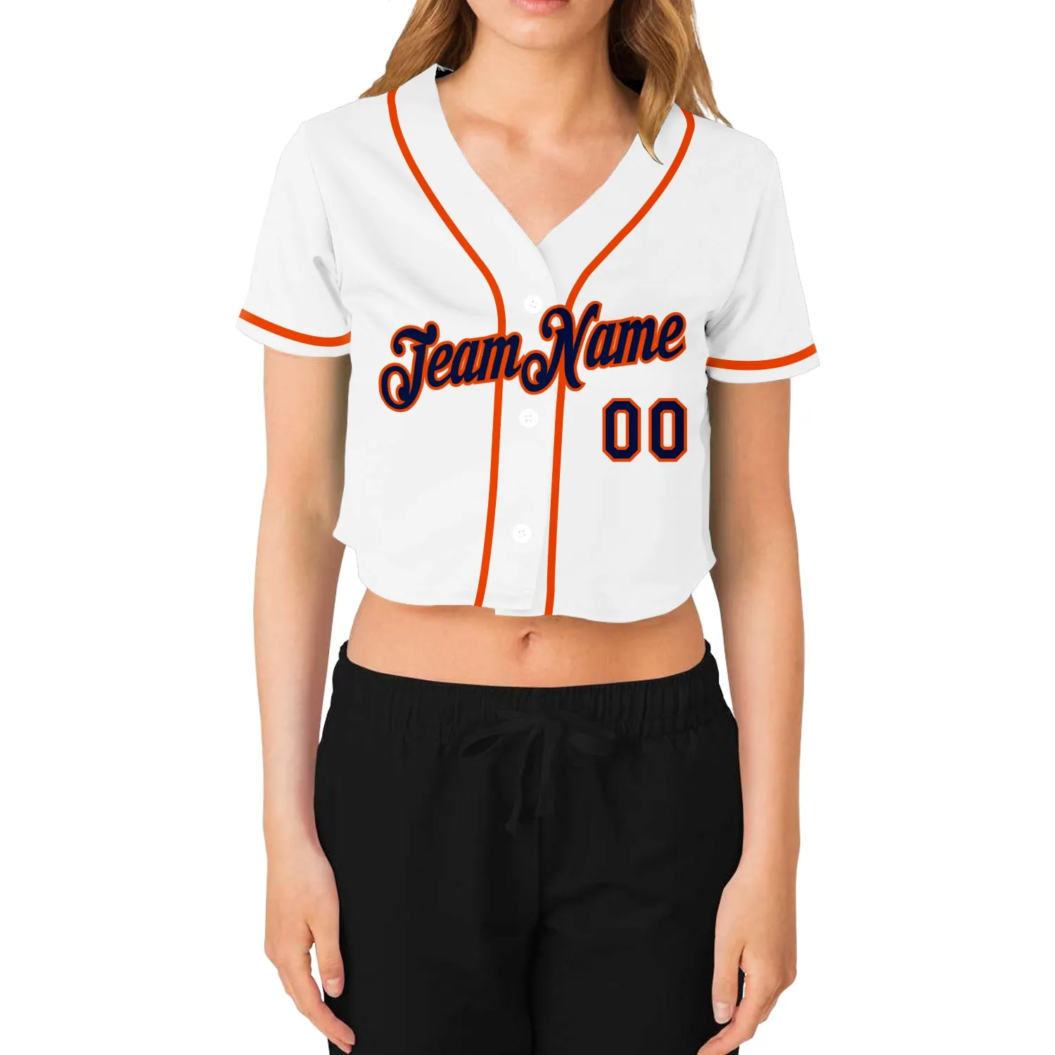 Custom Women's White Navy-Orange V-Neck Cropped Baseball Jersey