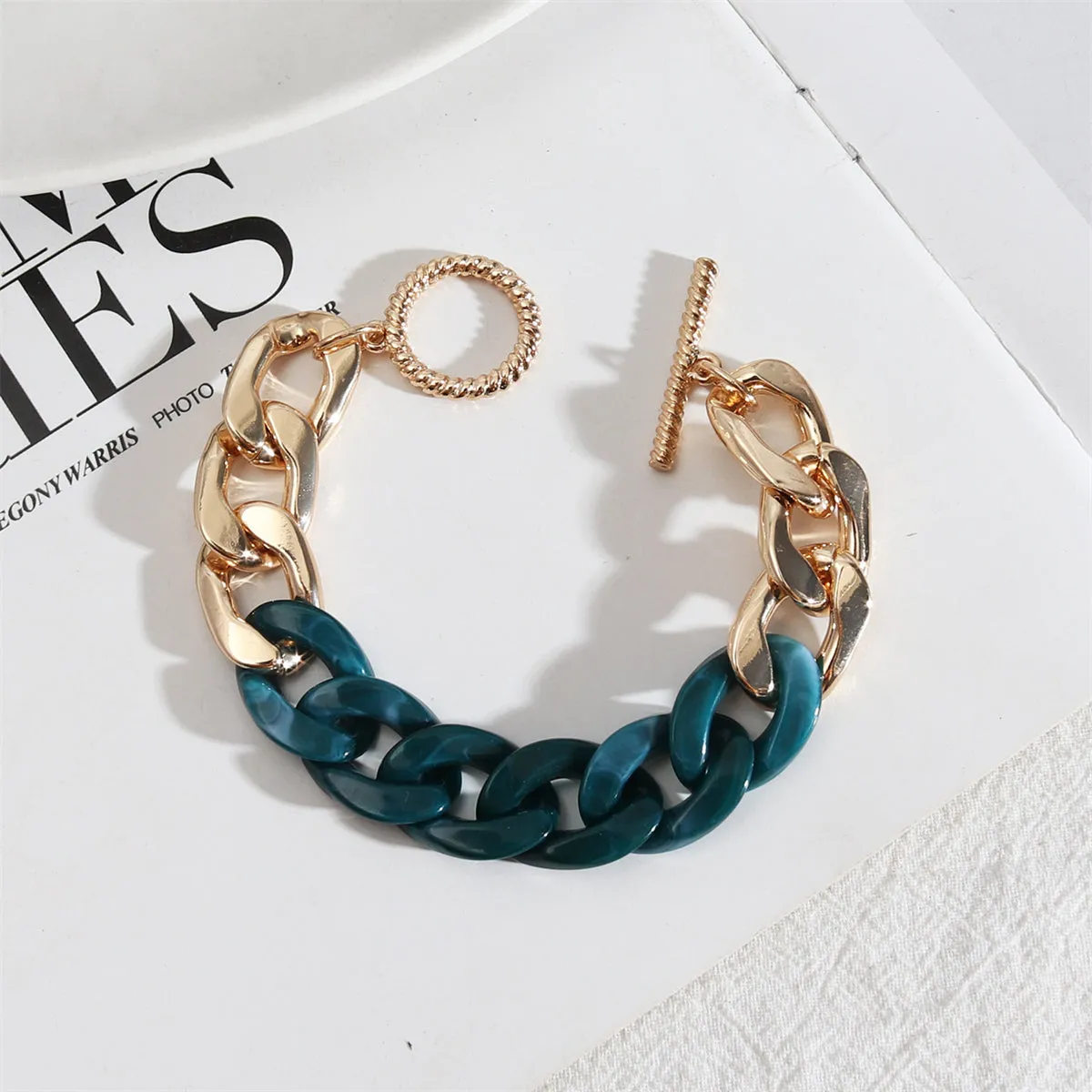 Cyan Resin & 18K Gold-Plated Curb Chain Toggle Bracelet