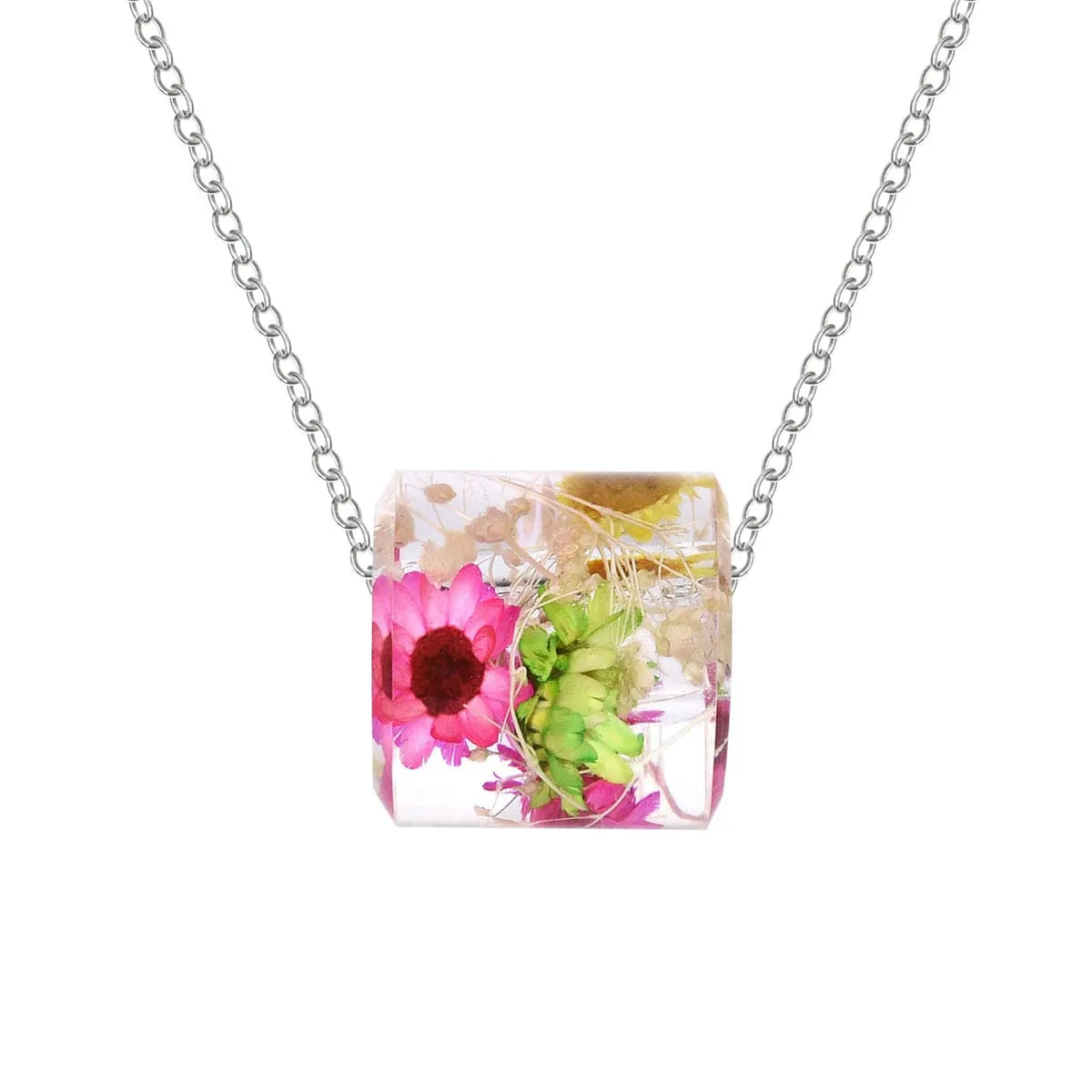 Dark Pink Dried Flower & Silver-Plated Cylinder Pendant Necklace
