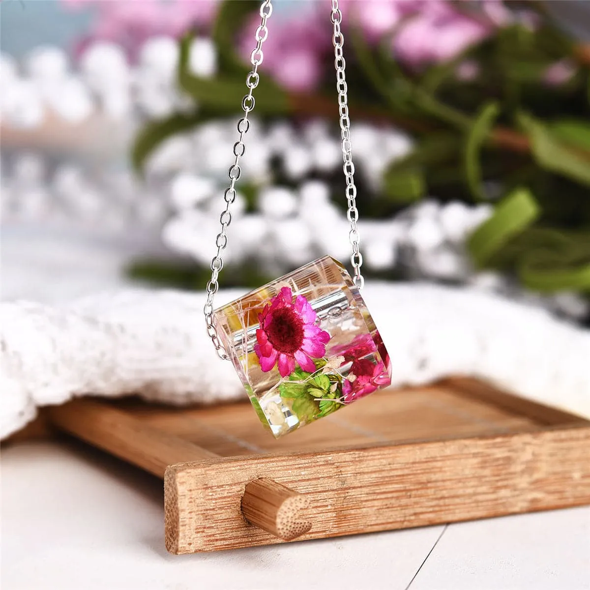 Dark Pink Dried Flower & Silver-Plated Cylinder Pendant Necklace