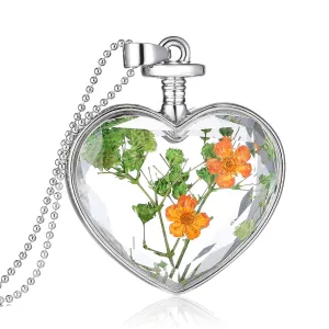 Dark Yellow & Green Pressed Peach Blossom Heart Pendant Necklace