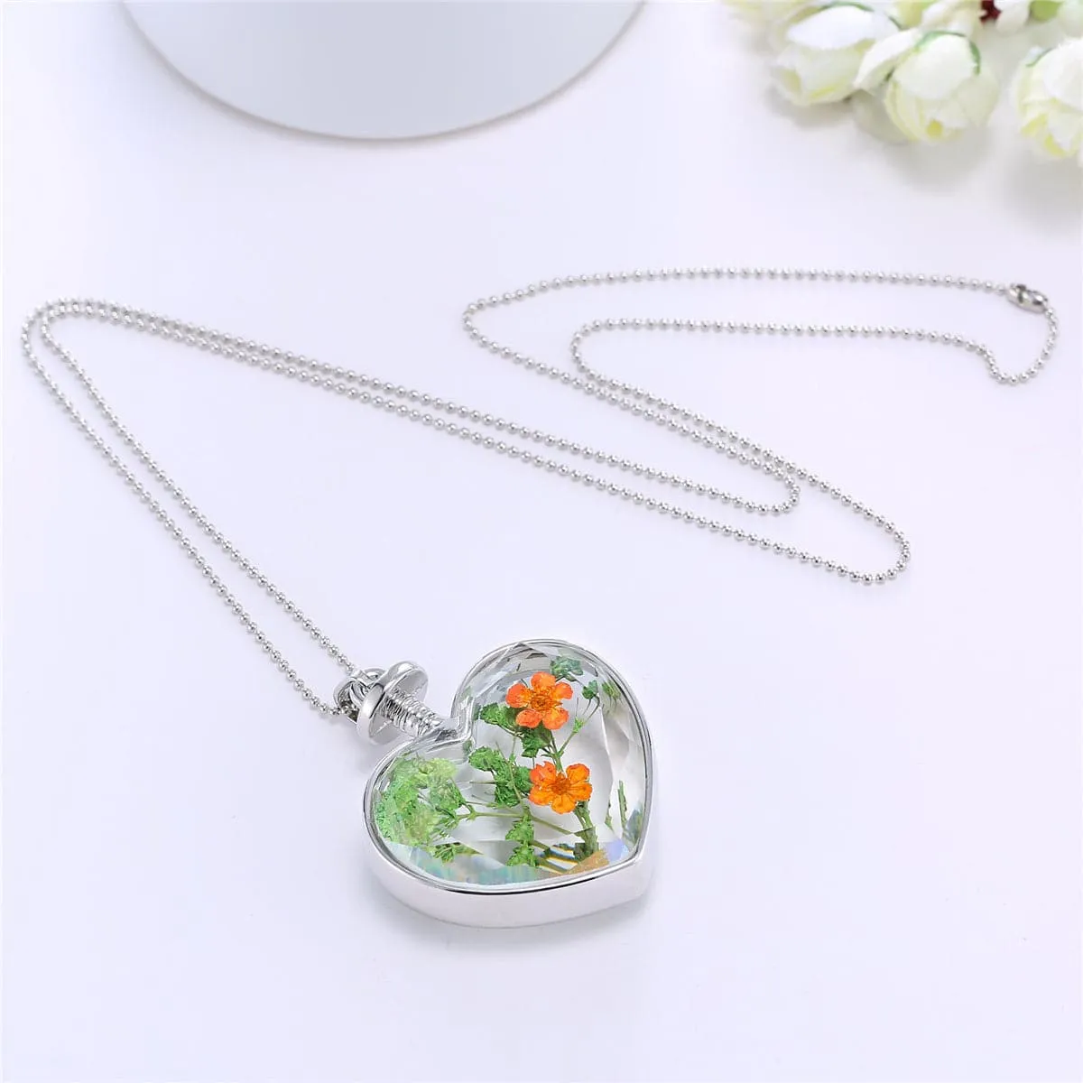 Dark Yellow & Green Pressed Peach Blossom Heart Pendant Necklace
