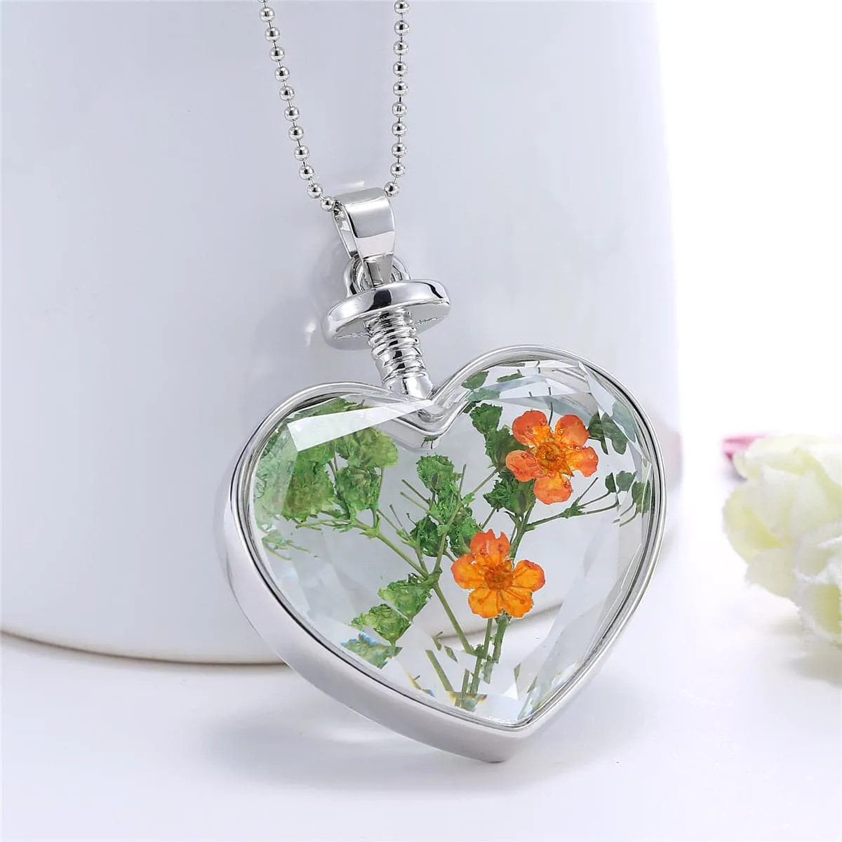 Dark Yellow & Green Pressed Peach Blossom Heart Pendant Necklace