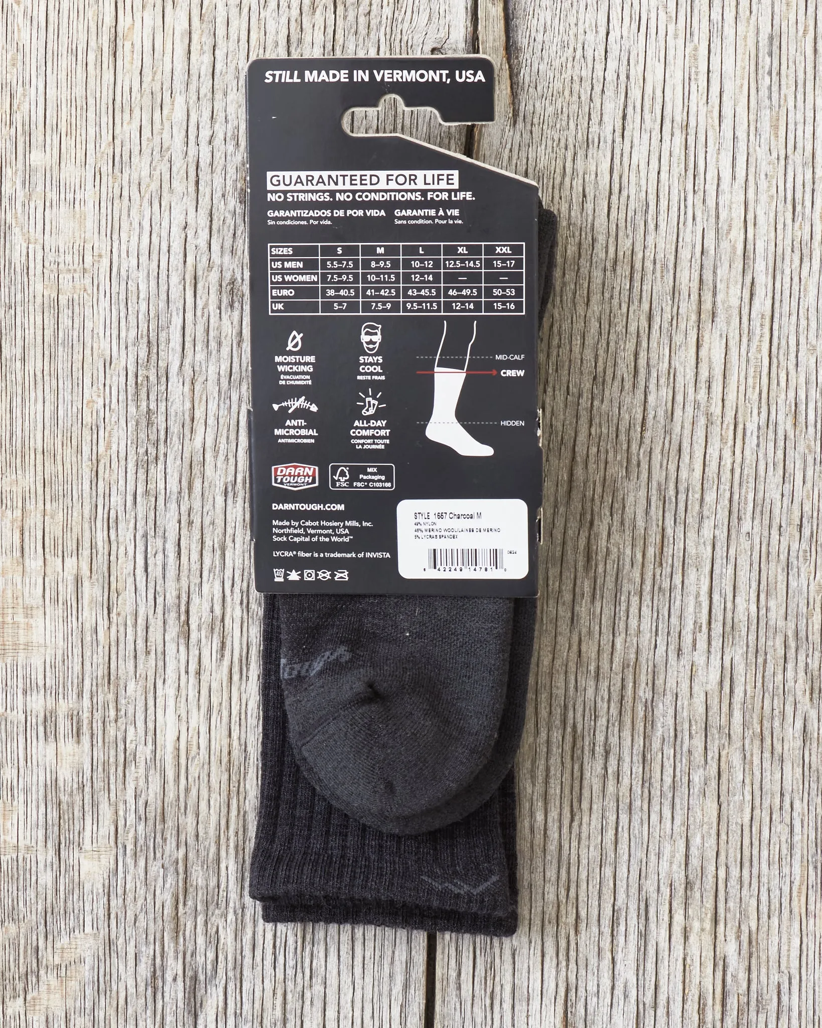 Darn Tough 1657 Charcoal Merino Wool Lifestyle Crew Lightweight