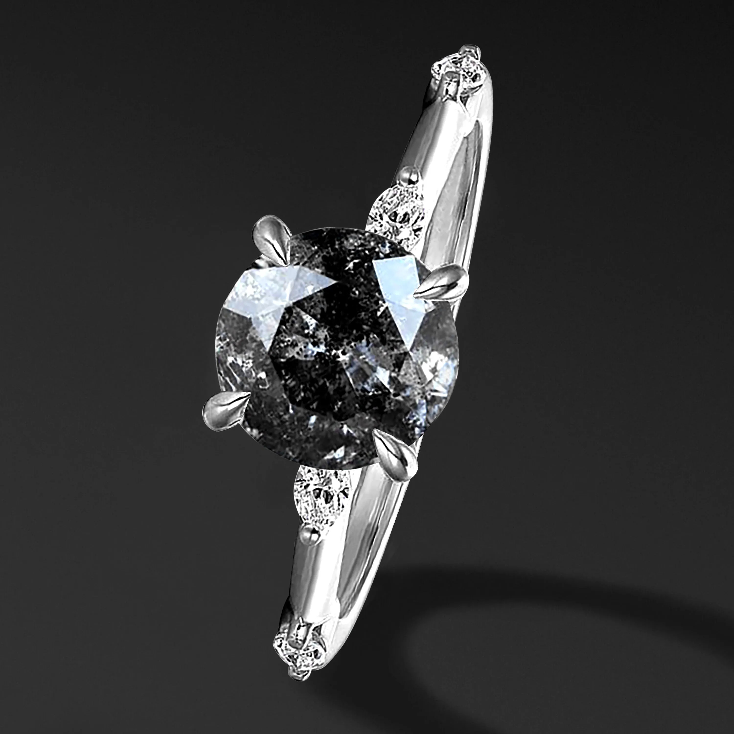 DEMI 14K GOLD ENGAGEMENT RING FOR HER | SALT AND PEPPER ROUND DIAMOND AND NATURAL METEORITE