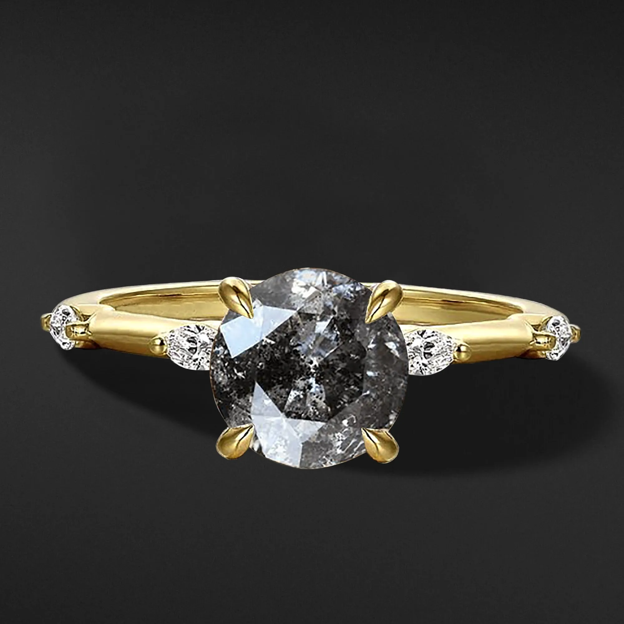 DEMI 14K GOLD ENGAGEMENT RING FOR HER | SALT AND PEPPER ROUND DIAMOND AND NATURAL METEORITE