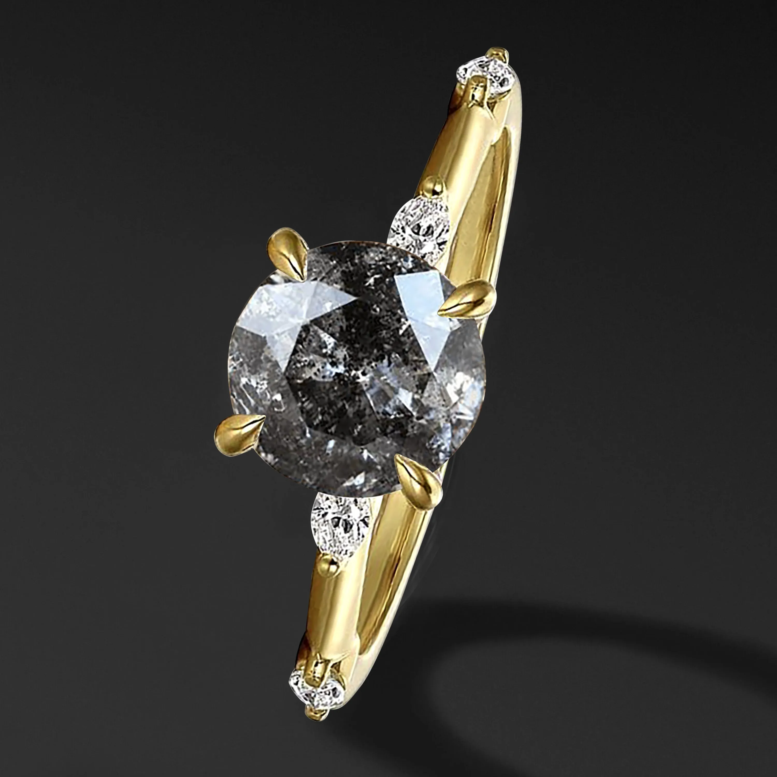DEMI 14K GOLD ENGAGEMENT RING FOR HER | SALT AND PEPPER ROUND DIAMOND AND NATURAL METEORITE