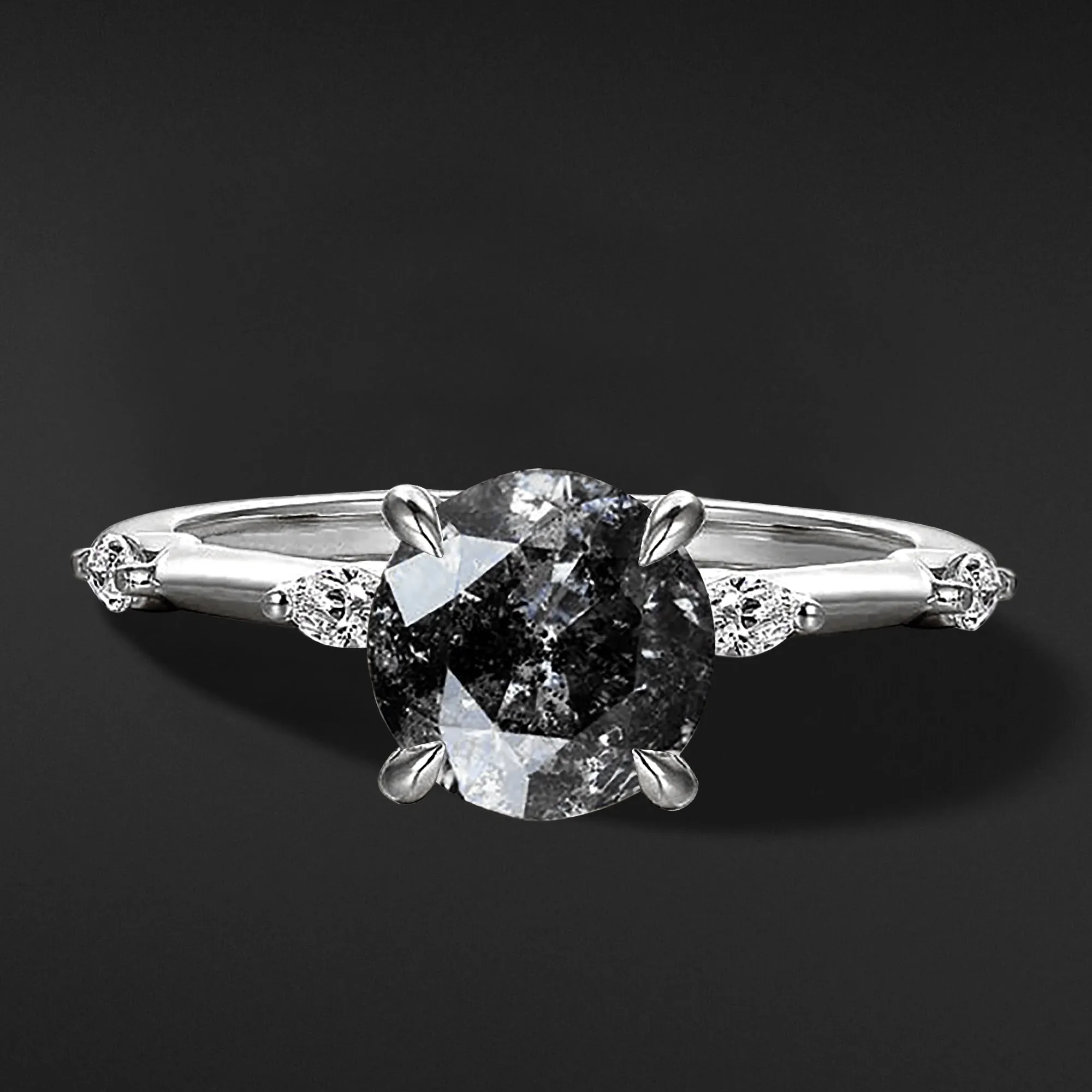 DEMI 14K GOLD ENGAGEMENT RING FOR HER | SALT AND PEPPER ROUND DIAMOND AND NATURAL METEORITE