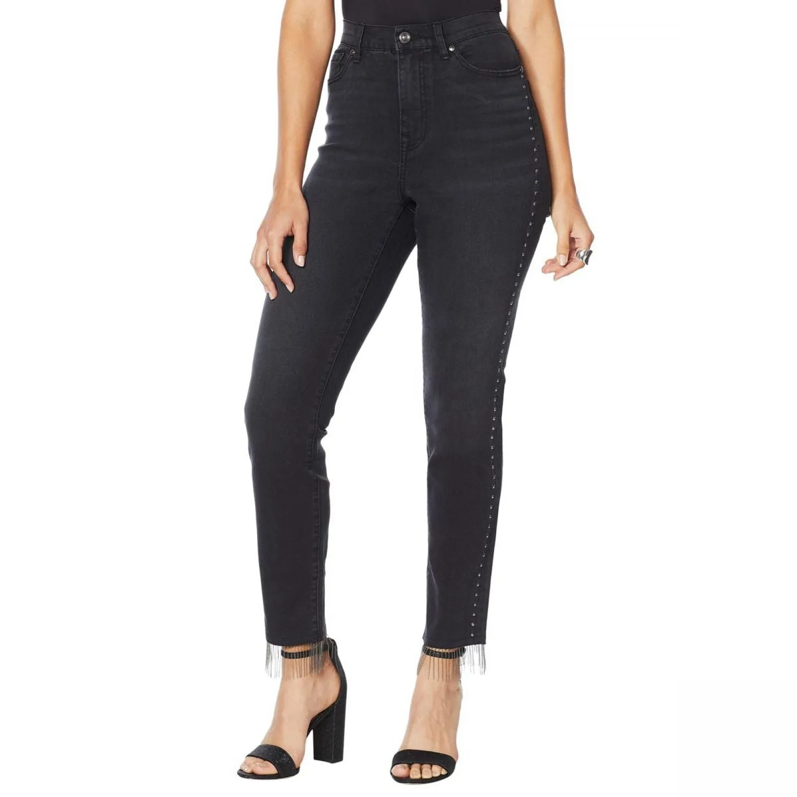 DG2 by Diane Gilman Women's Tall Embellished Side Stripe Jeans Black 20W Tall