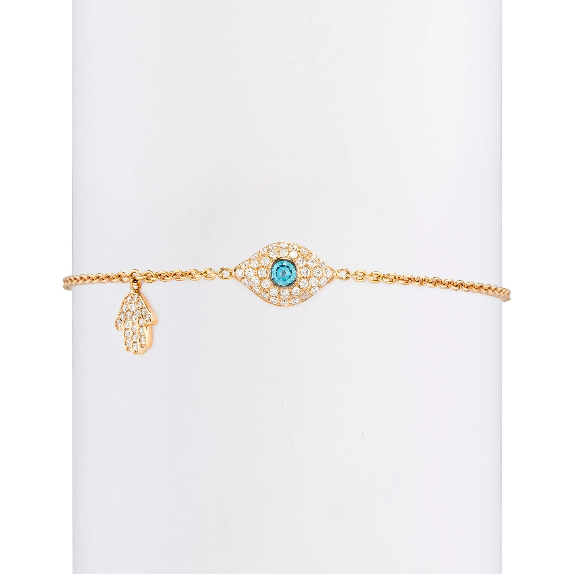 Diamond & Aquamarine Full Evil Eye with Dangling Baby Hamsa Bracelet