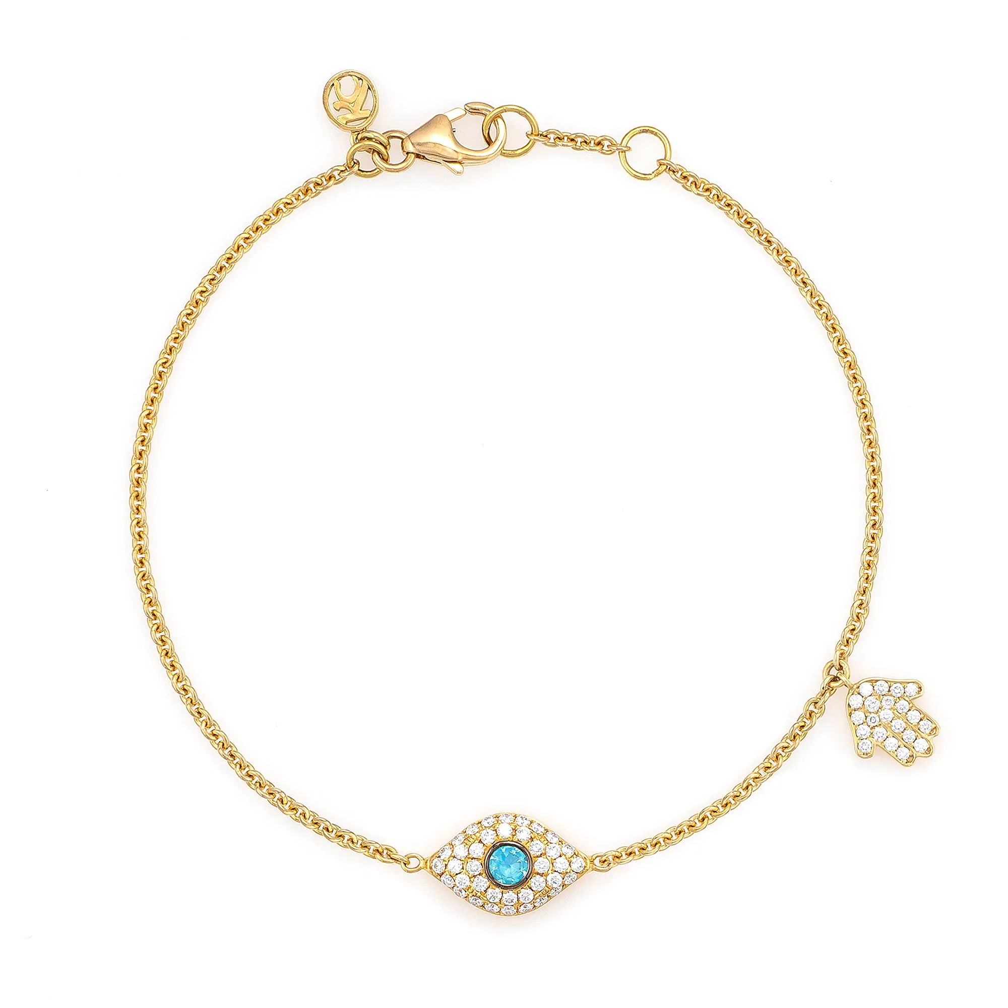 Diamond & Aquamarine Full Evil Eye with Dangling Baby Hamsa Bracelet
