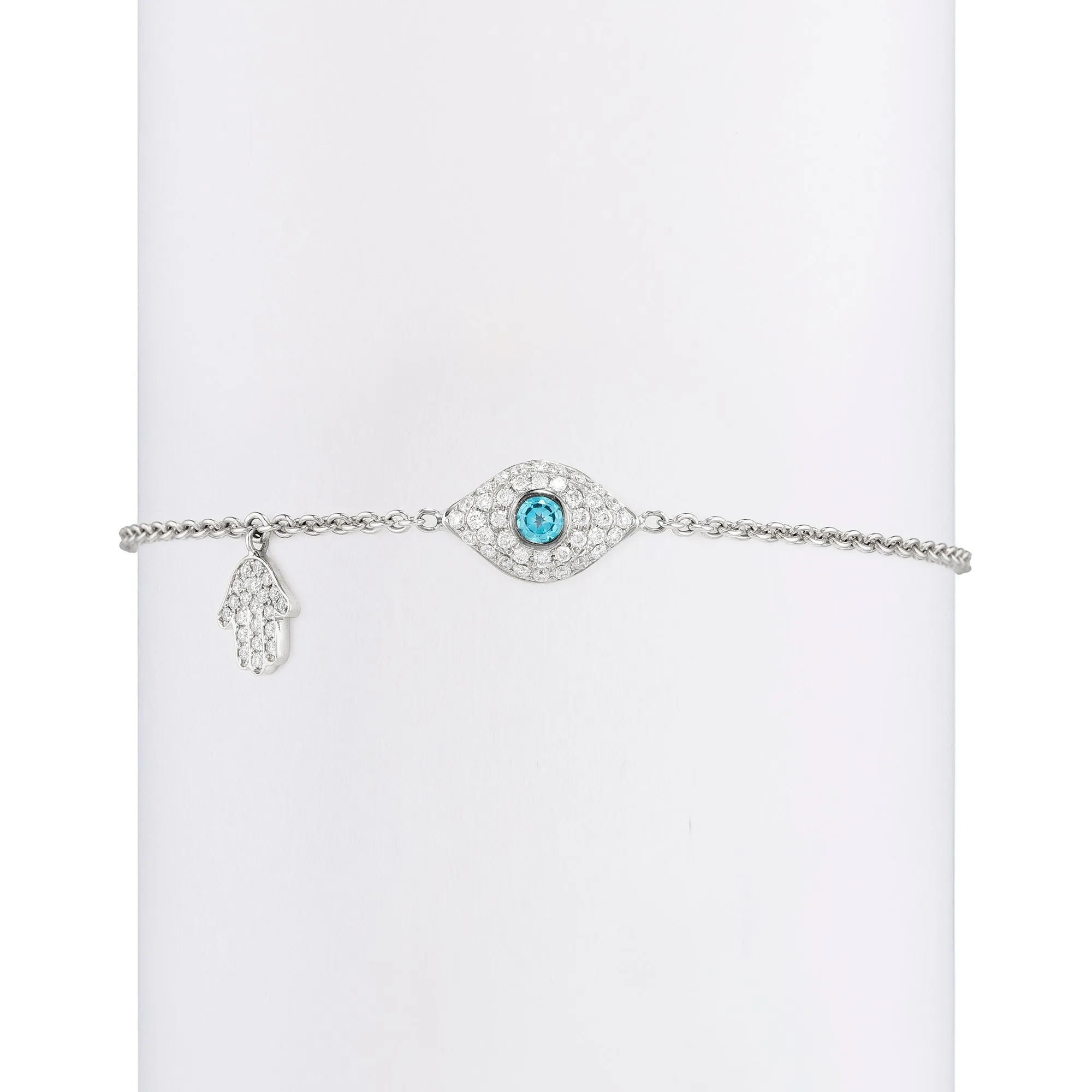 Diamond & Aquamarine Full Evil Eye with Dangling Baby Hamsa Bracelet