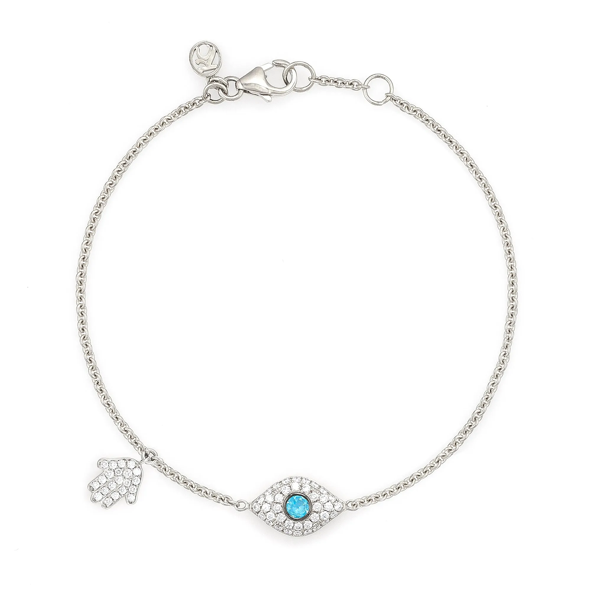 Diamond & Aquamarine Full Evil Eye with Dangling Baby Hamsa Bracelet