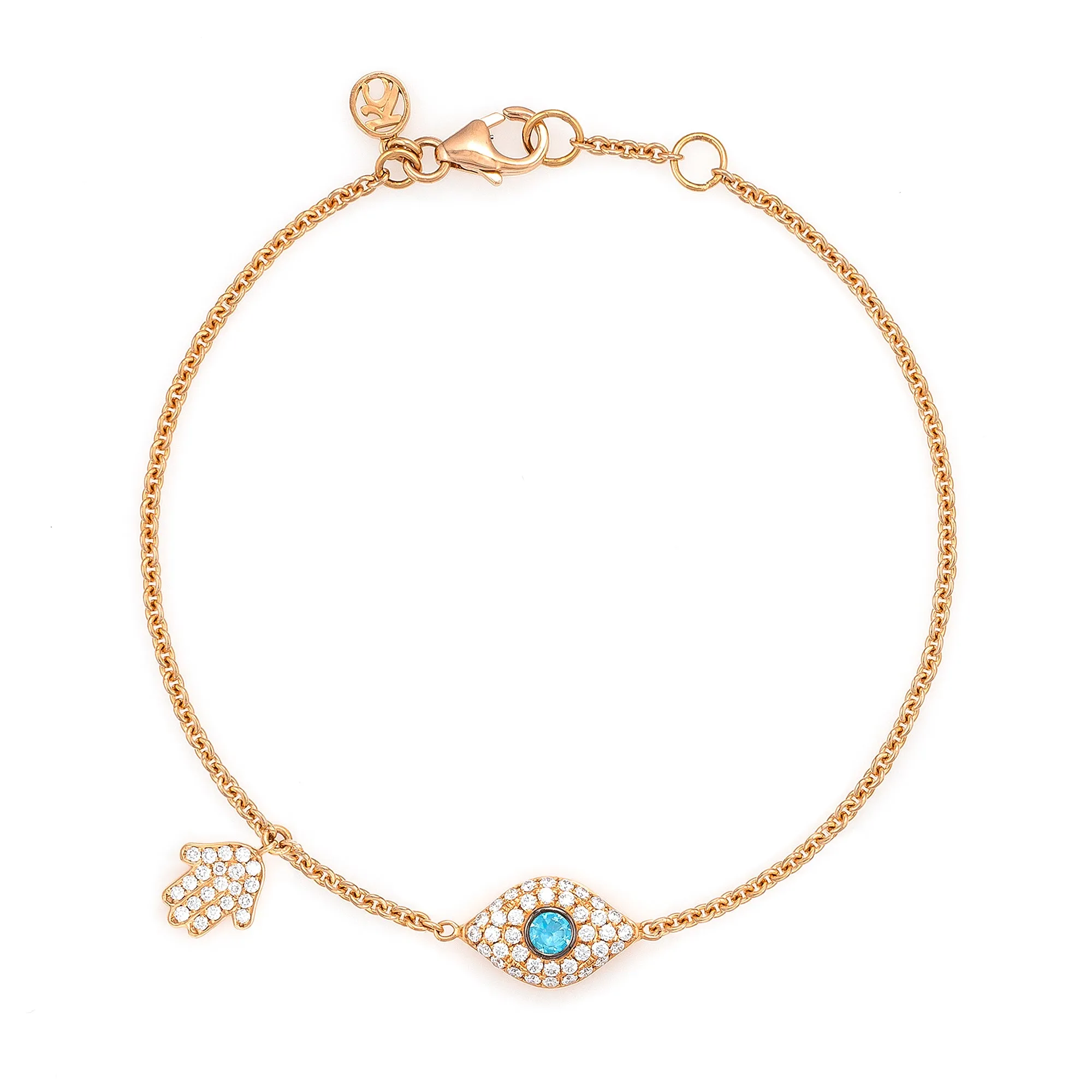 Diamond & Aquamarine Full Evil Eye with Dangling Baby Hamsa Bracelet