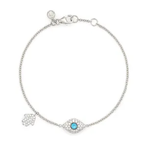 Diamond & Aquamarine Full Evil Eye with Dangling Baby Hamsa Bracelet