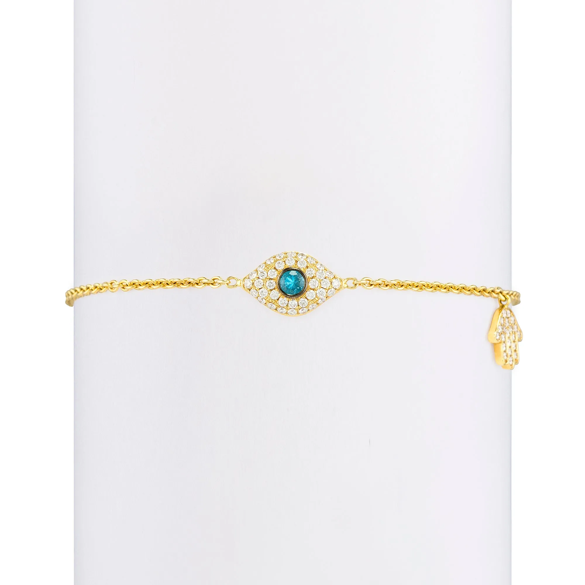 Diamond & Aquamarine Full Evil Eye with Dangling Baby Hamsa Bracelet