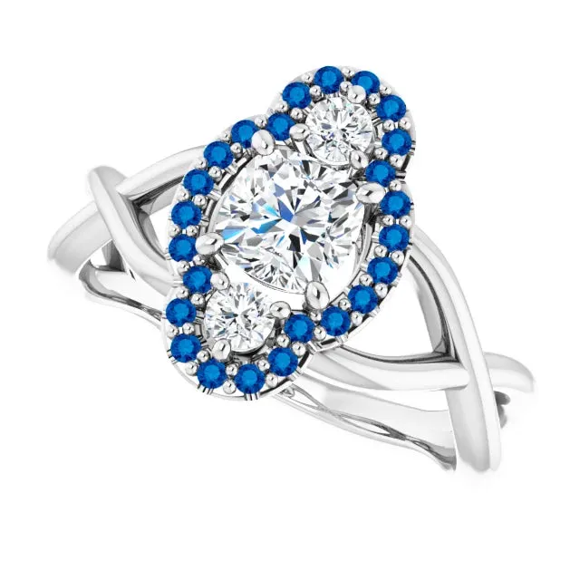 Diamond Cushion Cut & Blue Sapphire Halo Engagement Ring