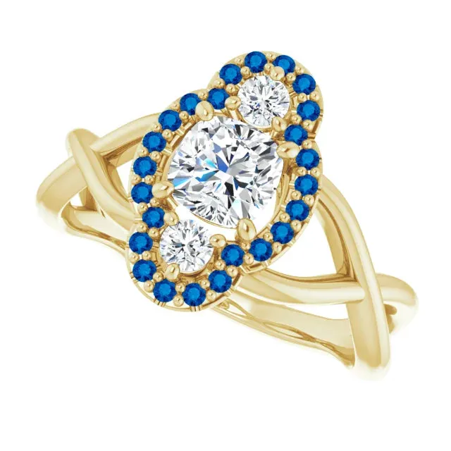 Diamond Cushion Cut & Blue Sapphire Halo Engagement Ring