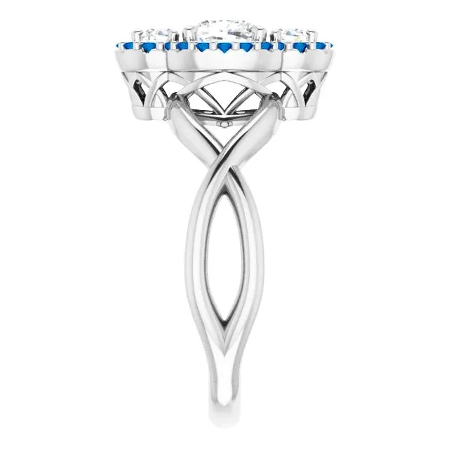 Diamond Cushion Cut & Blue Sapphire Halo Engagement Ring