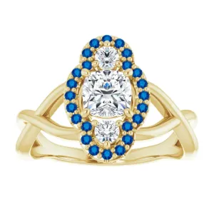 Diamond Cushion Cut & Blue Sapphire Halo Engagement Ring