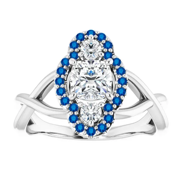 Diamond Cushion Cut & Blue Sapphire Halo Engagement Ring