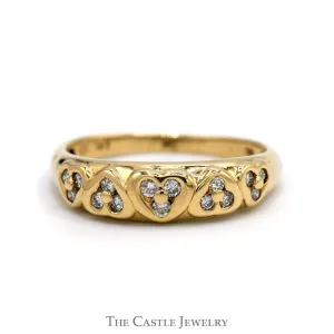 Diamond Wedding Band with Row of Hearts Design in 10k Yellow Gold