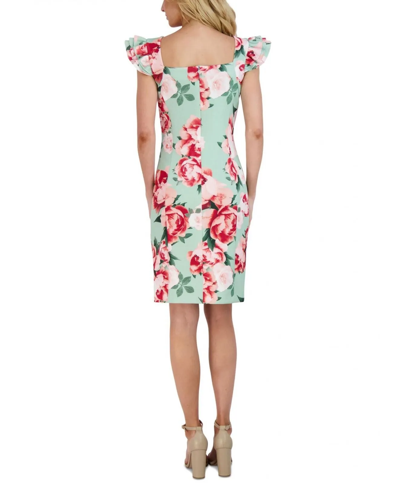 Donna Ricco Women's Printed Ruffle-Sleeve Sheath Dress Mint Green Multi 14