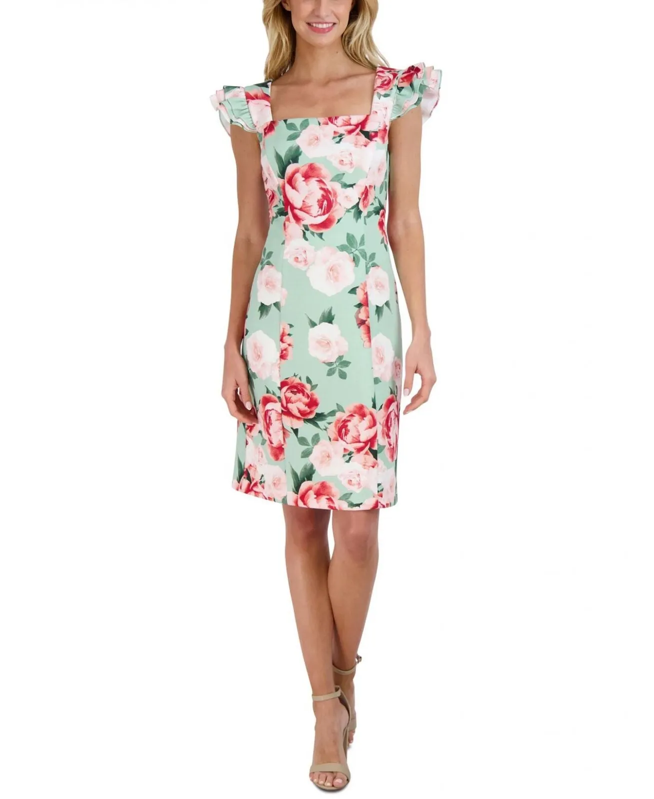 Donna Ricco Women's Printed Ruffle-Sleeve Sheath Dress Mint Green Multi 14