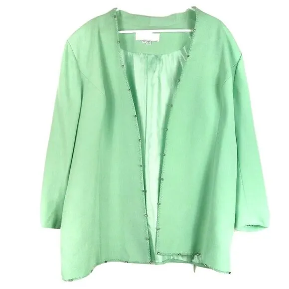 Donna Vinci Womens Jacket Open Front Coat Embellished Trim Mint Green Size 20