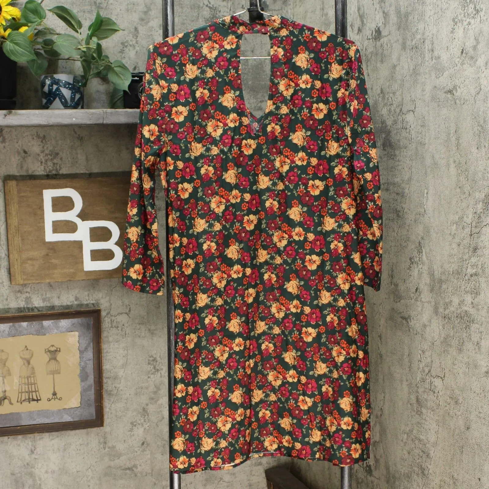 Du Jour Women's Floral Printed 3/4 Sleeve Dress With Neck Tie Detail
