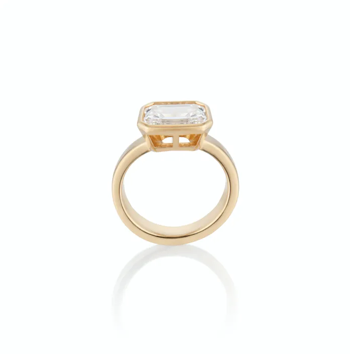 East To West Emerald Cut Diamond Engagement Ring - Bezel Set