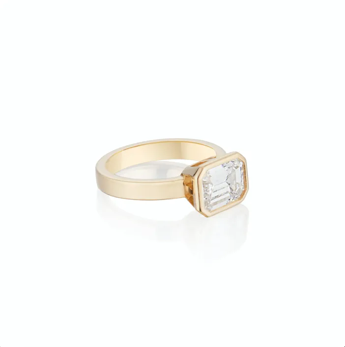 East To West Emerald Cut Diamond Engagement Ring - Bezel Set