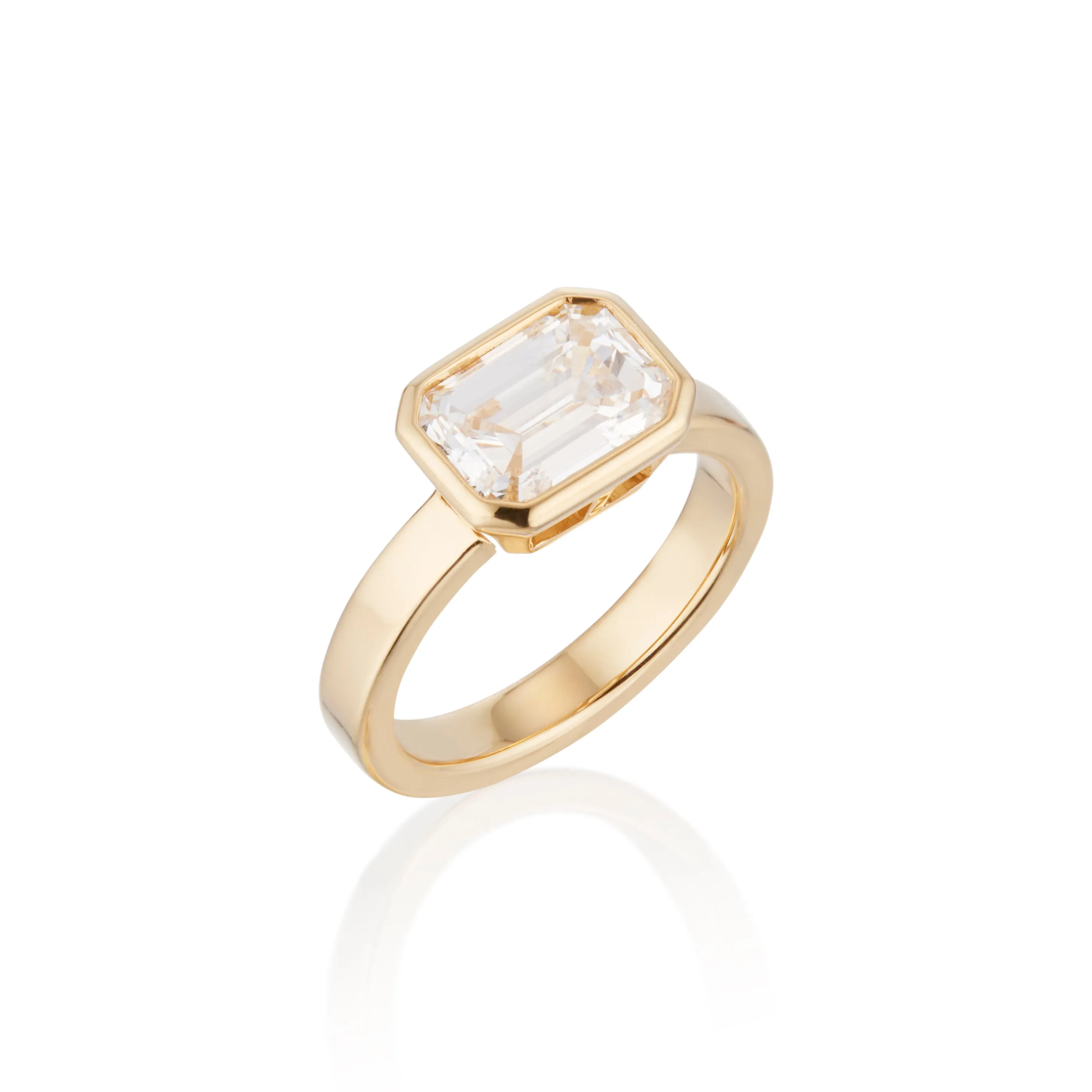 East To West Emerald Cut Diamond Engagement Ring - Bezel Set