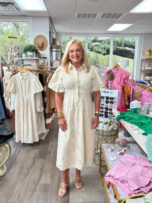Elegance Midi Dress - Beige Eyelet