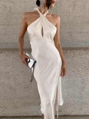 Elegant Women's Off-White Satin Halter Midi Gown