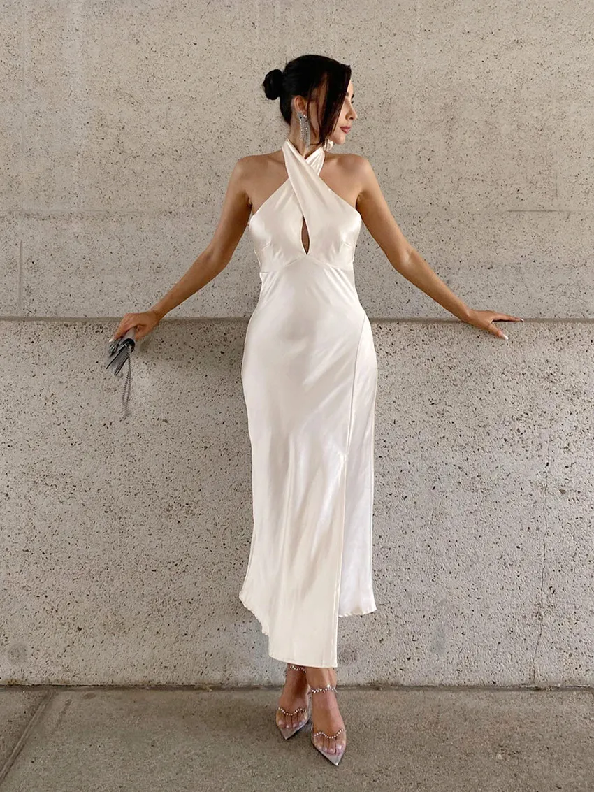 Elegant Women's Off-White Satin Halter Midi Gown