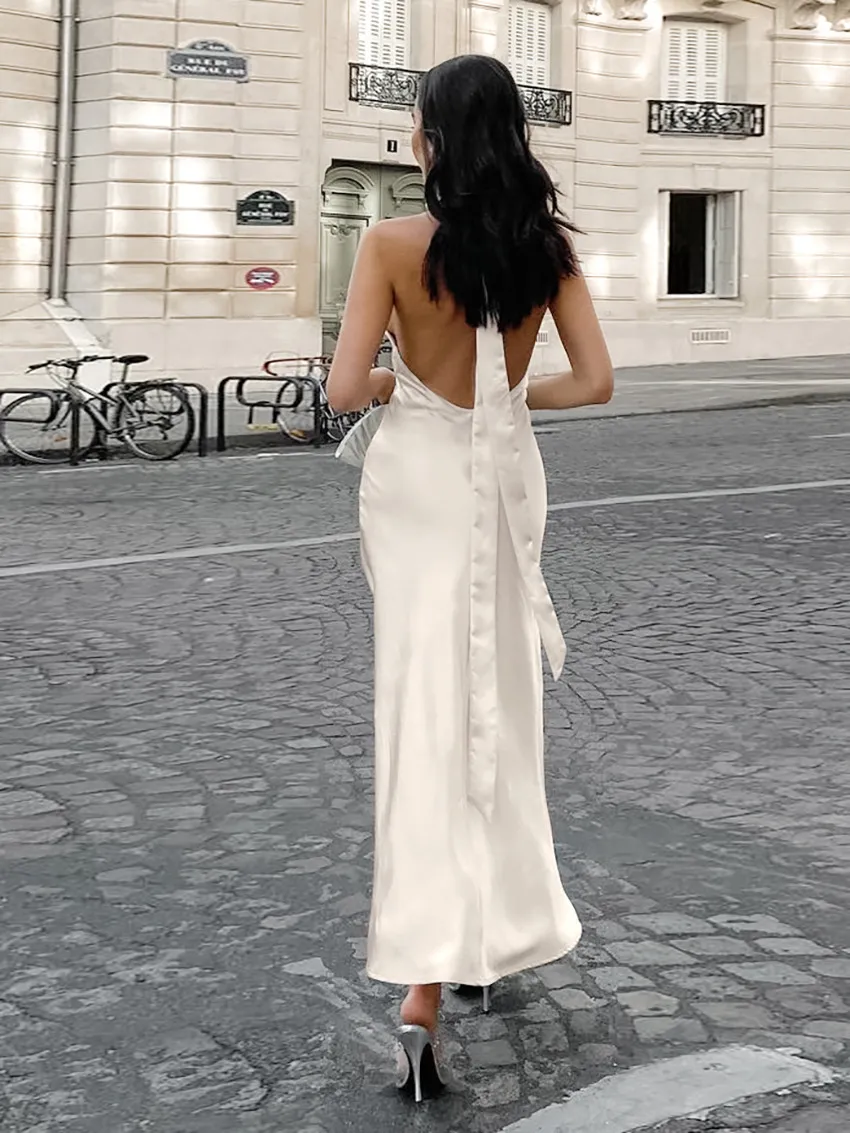 Elegant Women's Off-White Satin Halter Midi Gown