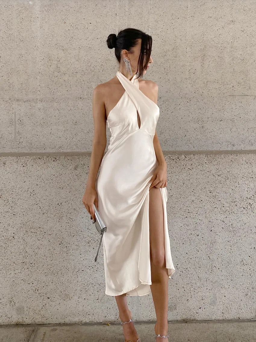Elegant Women's Off-White Satin Halter Midi Gown