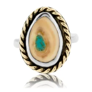 Elk Ivory Tooth Trophy Braided Ring with Turquoise Inlay