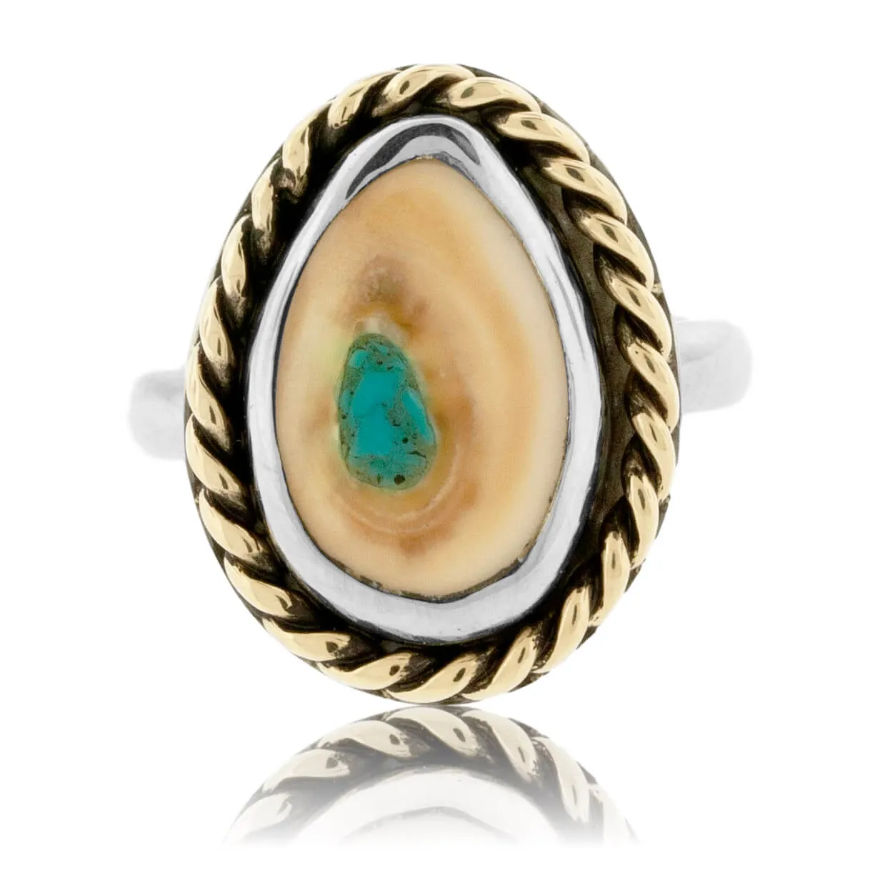 Elk Ivory Tooth Trophy Braided Ring with Turquoise Inlay