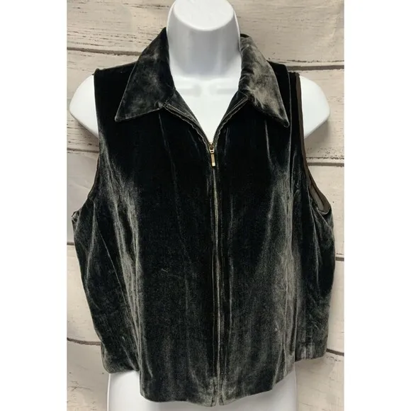 Emanuel Ungaro Women Size 12P Vest Black Velour Silk Blend Zip Up Vest VTG $198