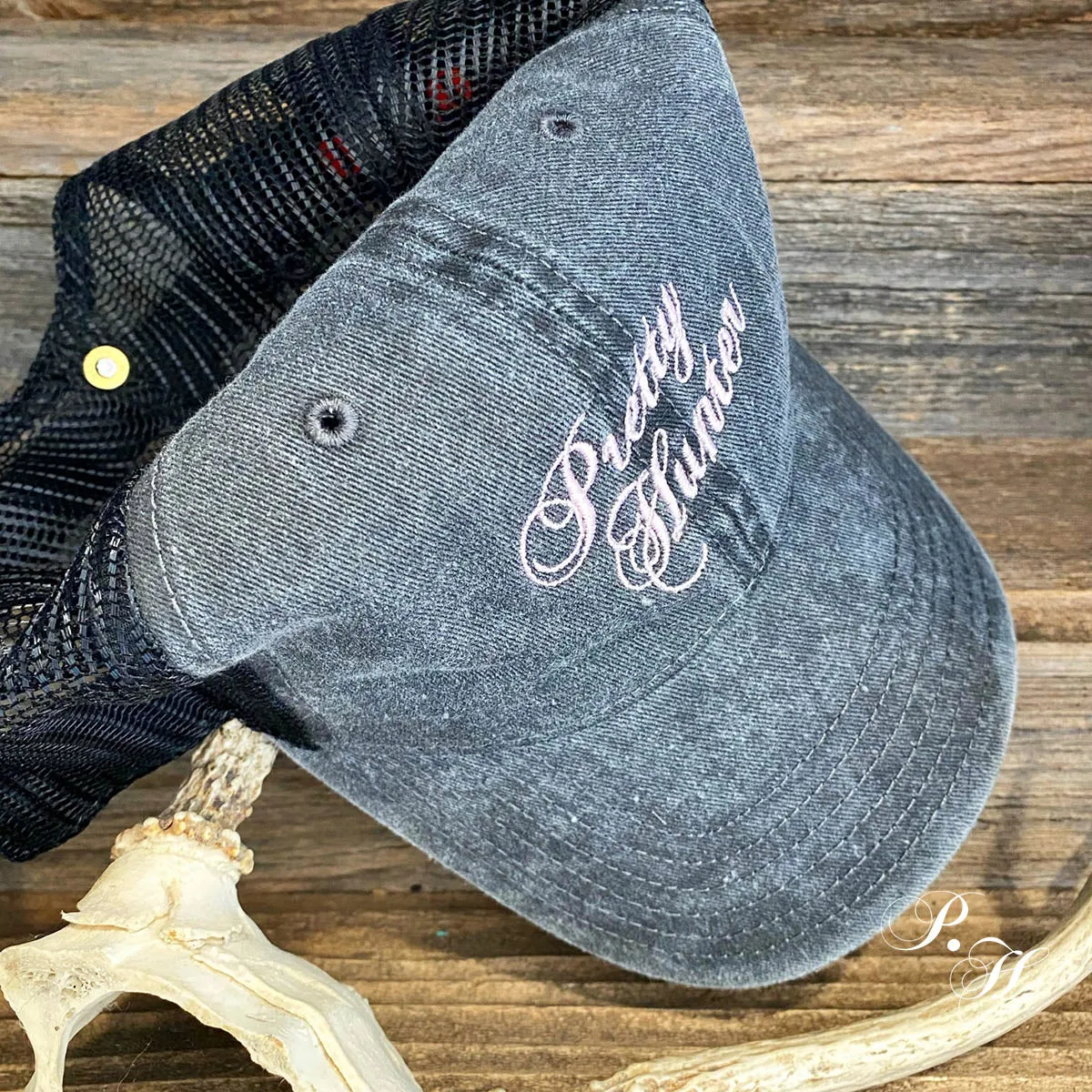Embroidered & Bullet Embellished Gray & Black Mesh Back Cap - Pretty Hunter