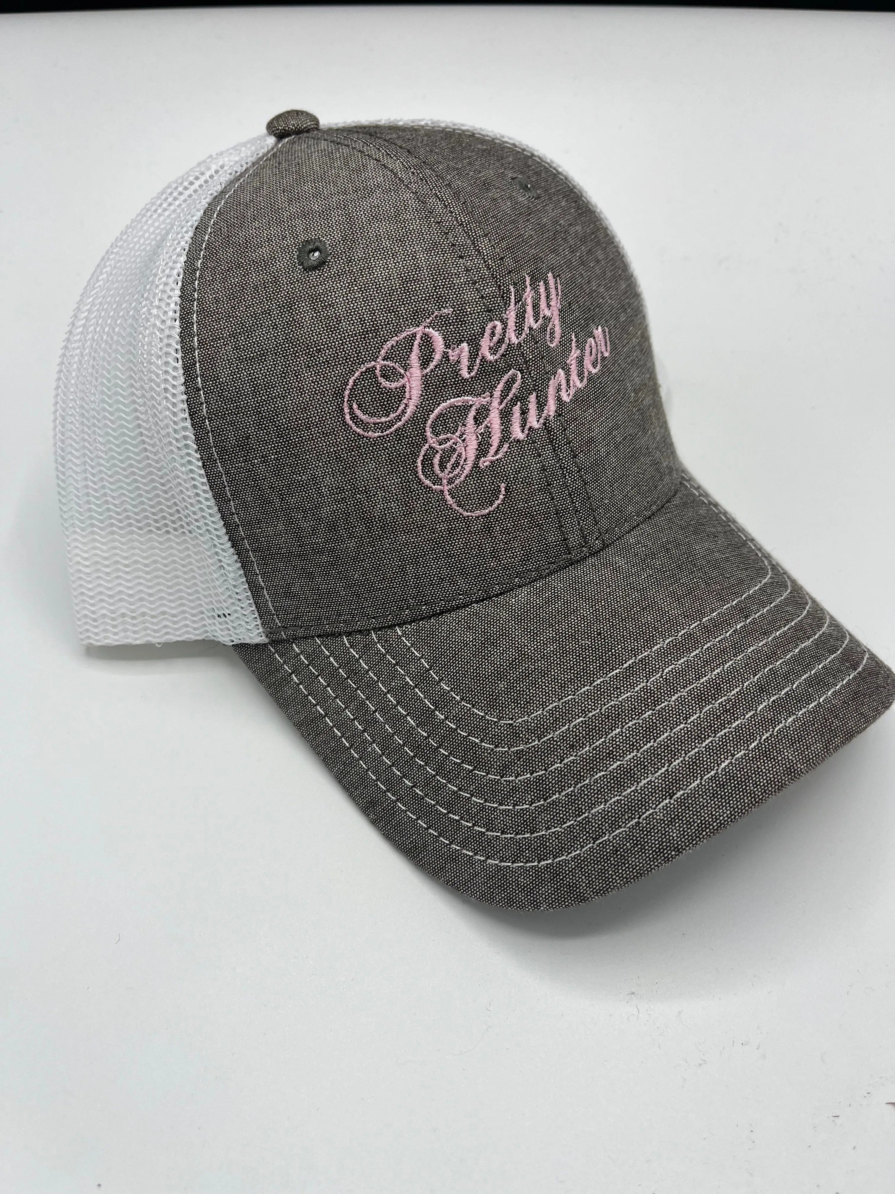 Embroidered & Bullet Embellished Gray & White Mesh Back Cap - Pretty Hunter